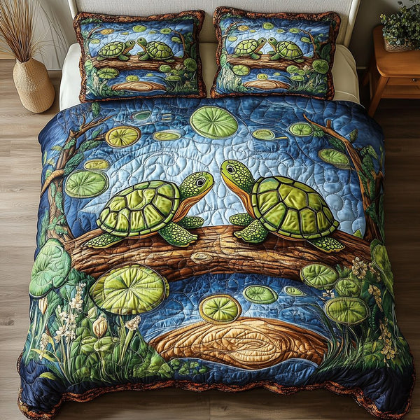 Harmony Turtles quilted 3-piece bedding set on a made bed in a light coastal bedroom