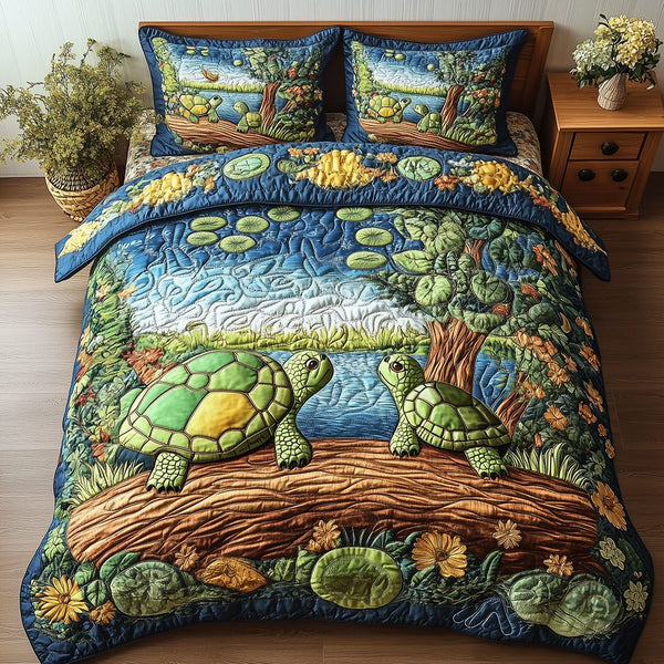 Harmony Turtles quilted 3-piece bedding set on a made bed in a light coastal bedroom