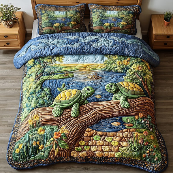 Harmony Turtles quilted 3-piece bedding set on a made bed in a light coastal bedroom