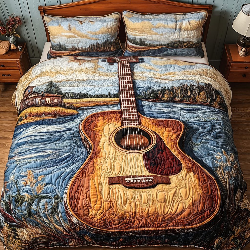 Harmony Waves quilted 3-piece bedding set on a made bed in a light coastal bedroom