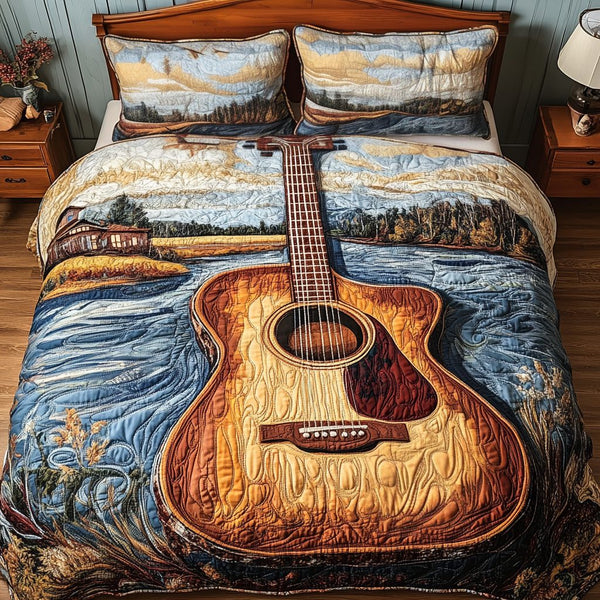 Harmony Waves quilted 3-piece bedding set on a made bed in a light coastal bedroom