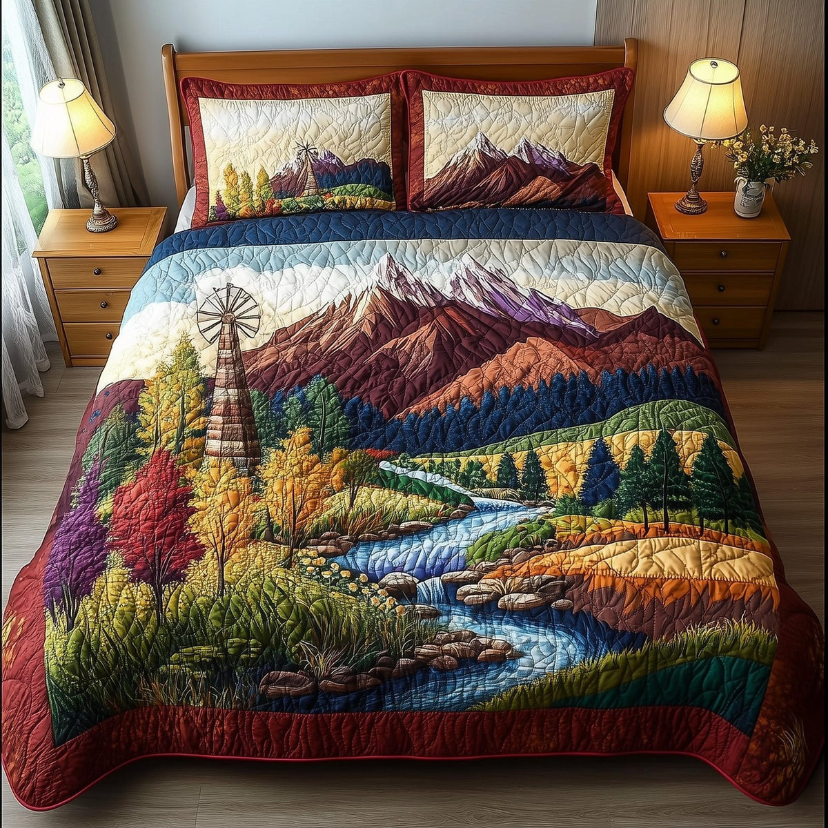 Harmony Windmill quilted 3-piece bedding set on a made bed with two matching pillow shams