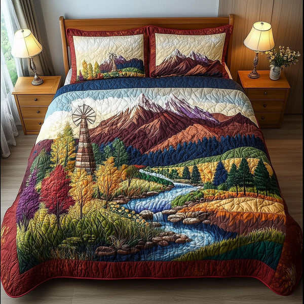 Harmony Windmill quilted 3-piece bedding set on a made bed with two matching pillow shams