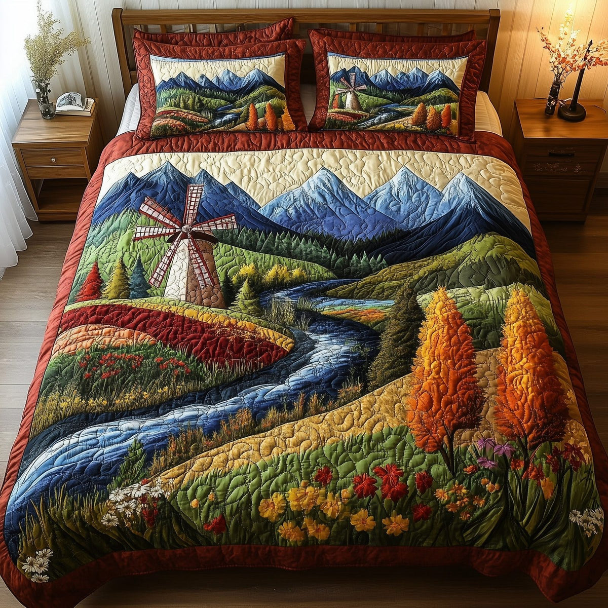 Harmony Windmill quilted 3-piece bedding set on a made bed with two matching pillow shams