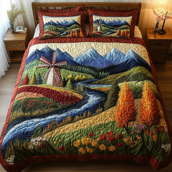 Harmony Windmill quilted 3-piece bedding set on a made bed with two matching pillow shams