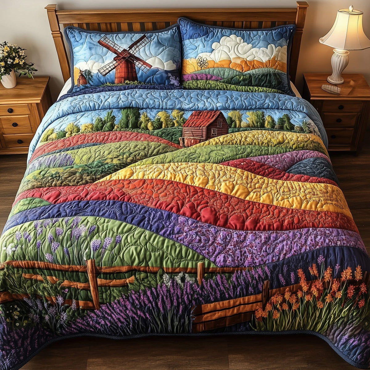 Harmony Windmill quilted 3-piece bedding set on a made bed with two matching pillow shams