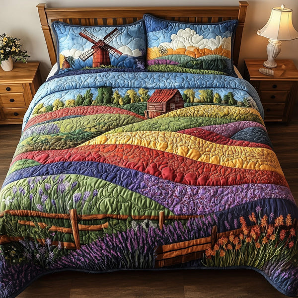 Harmony Windmill quilted 3-piece bedding set on a made bed with two matching pillow shams