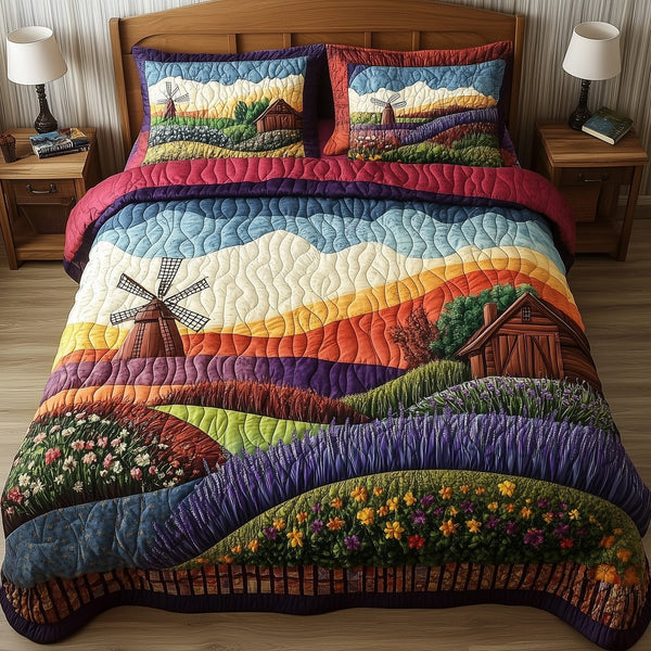 Harmony Windmill quilted 3-piece bedding set on a made bed with two matching pillow shams