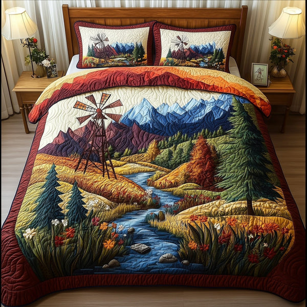Harmony Windmill quilted 3-piece bedding set on a made bed with two matching pillow shams