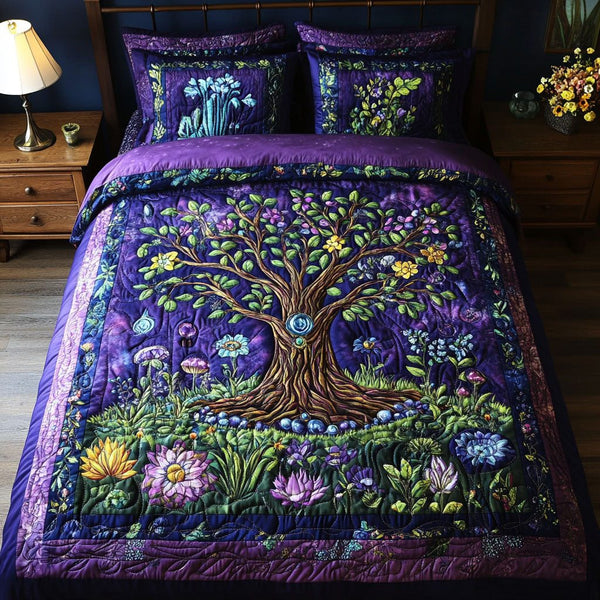 Harmonys Heartwood quilted 3-piece bedding set on a made bed with two matching pillow shams