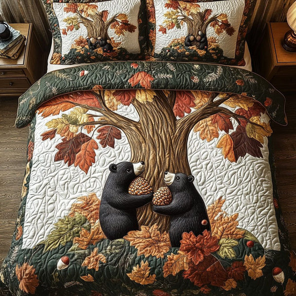 Harvest Bear Parade quilted 3-piece bedding set on a made bed with two matching pillow shams