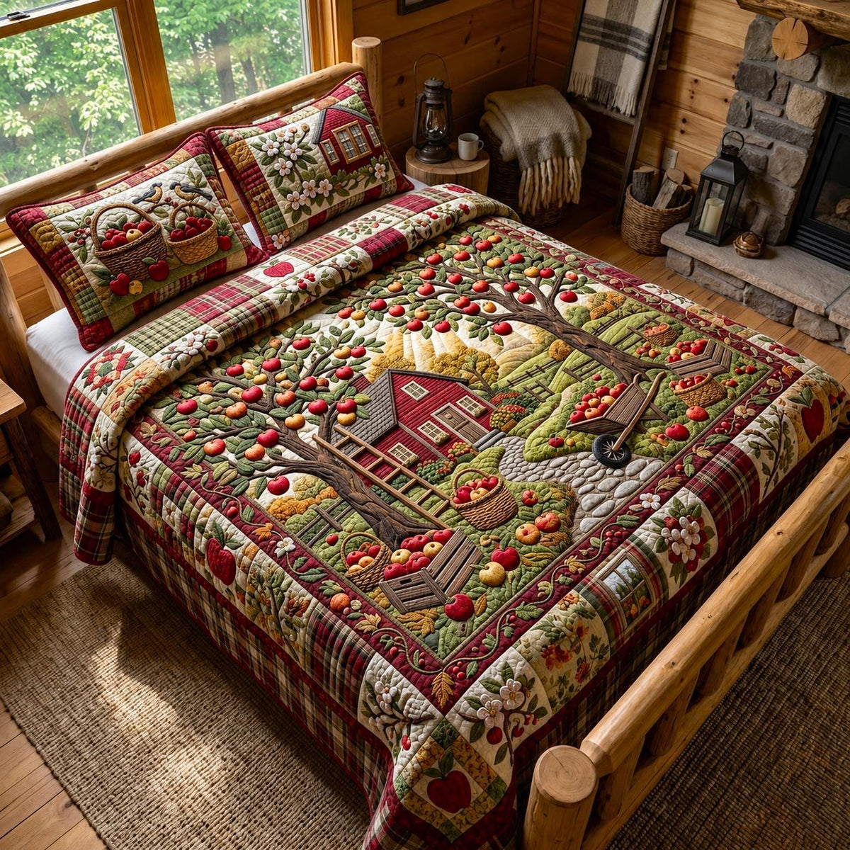Harvest Blessings quilted 3-piece bedding set on a made bed with two matching pillow shams
