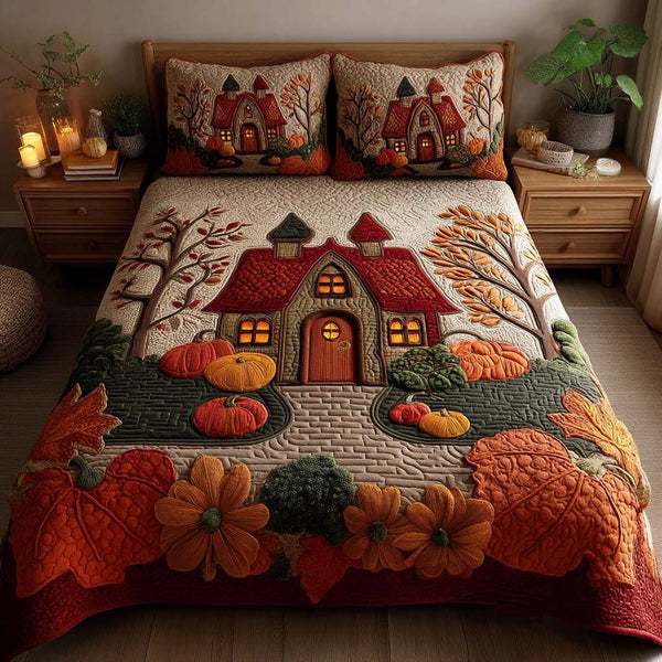Harvest Bliss quilted 3-piece bedding set on a made bed with two matching pillow shams