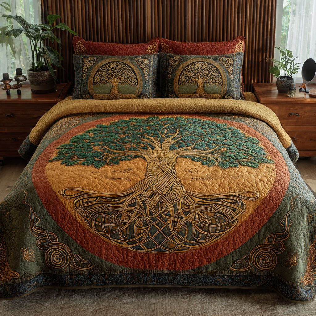 Harvest Boughs quilted 3-piece bedding set on a made bed with two matching pillow shams