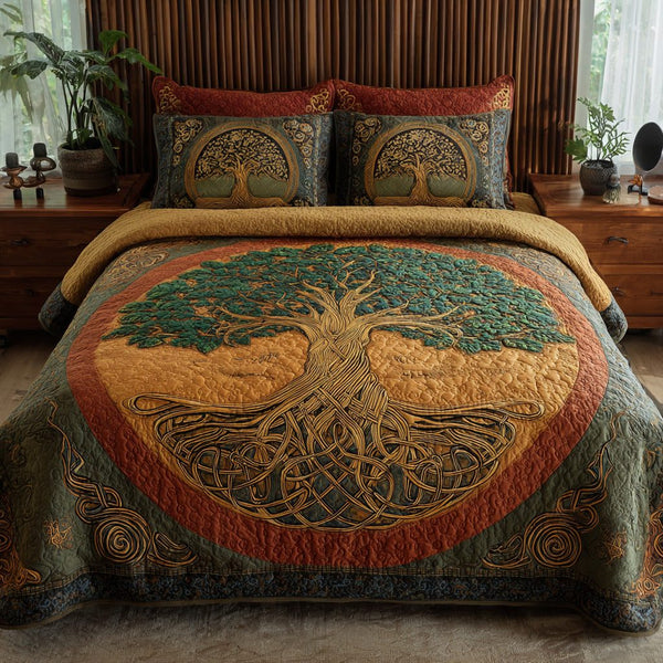 Harvest Boughs quilted 3-piece bedding set on a made bed with two matching pillow shams