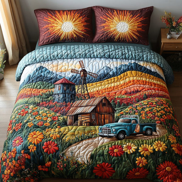 Harvest Breeze quilted 3-piece bedding set on a made bed with two matching pillow shams