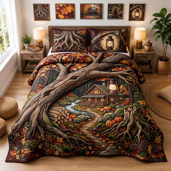 Harvest Cabin quilted 3-piece bedding set on a made bed with two matching pillow shams