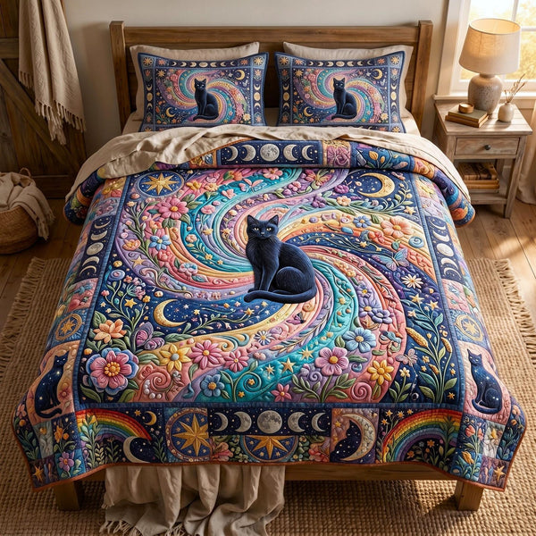 Harvest Cat quilted 3-piece bedding set on a made bed with two matching pillow shams