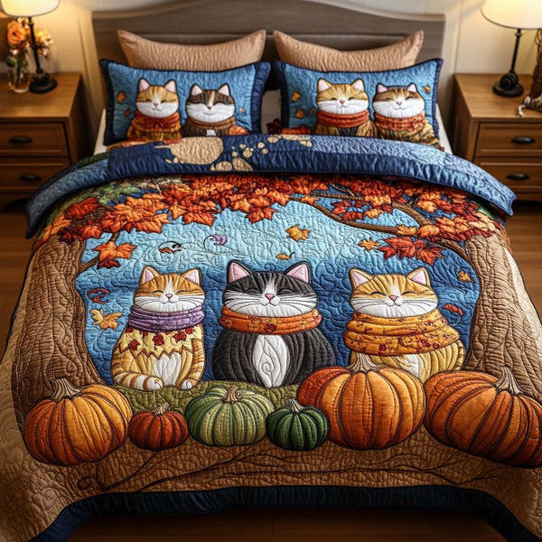 Harvest Cat Snuggle quilted 3-piece bedding set on a made bed with two matching pillow shams