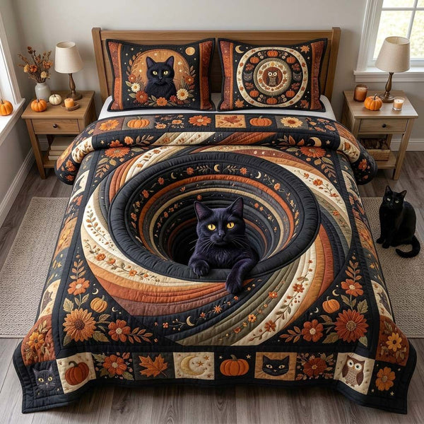 Harvest Cat Spiral quilted 3-piece bedding set on a made bed with two matching pillow shams