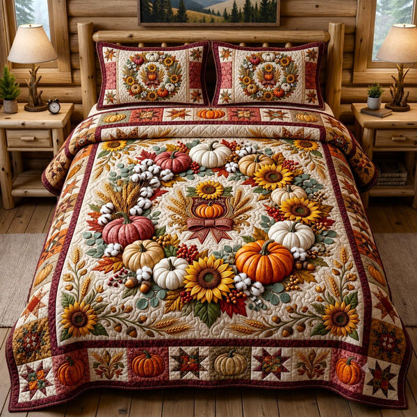 Harvest Charm quilted 3-piece bedding set on a made bed with two matching pillow shams