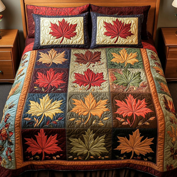 Harvest Charm quilted 3-piece bedding set on a made bed with two matching pillow shams