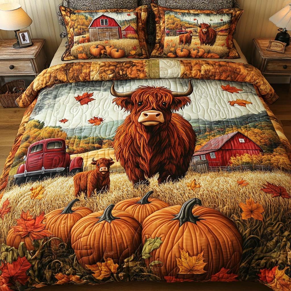 Harvest Charm quilted 3-piece bedding set on a made bed with two matching pillow shams