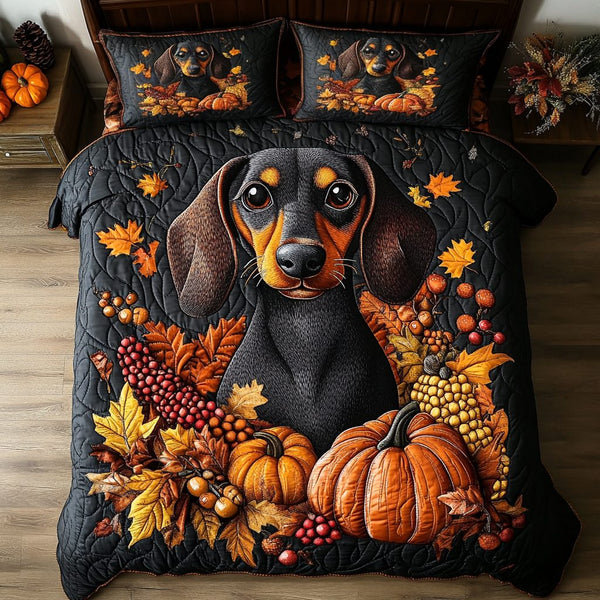 Harvest Dachshund quilted 3-piece bedding set on a made bed with two matching pillow shams