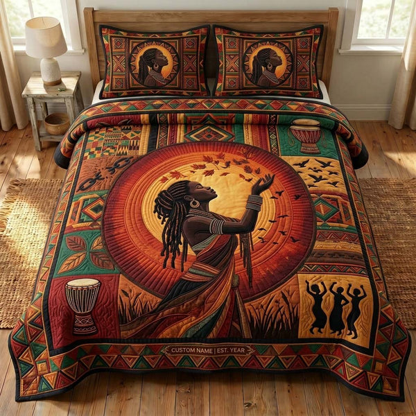 Harvest Dance quilted 3-piece bedding set on a made bed with two matching pillow shams