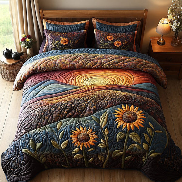 Harvest Dawn quilted 3-piece bedding set on a made bed with two matching pillow shams