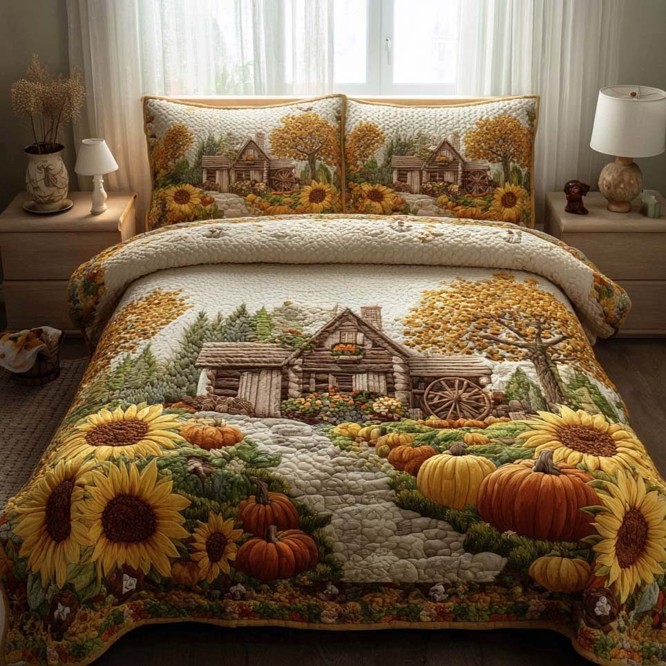 Harvest Dreams quilted 3-piece bedding set on a made bed with two matching pillow shams