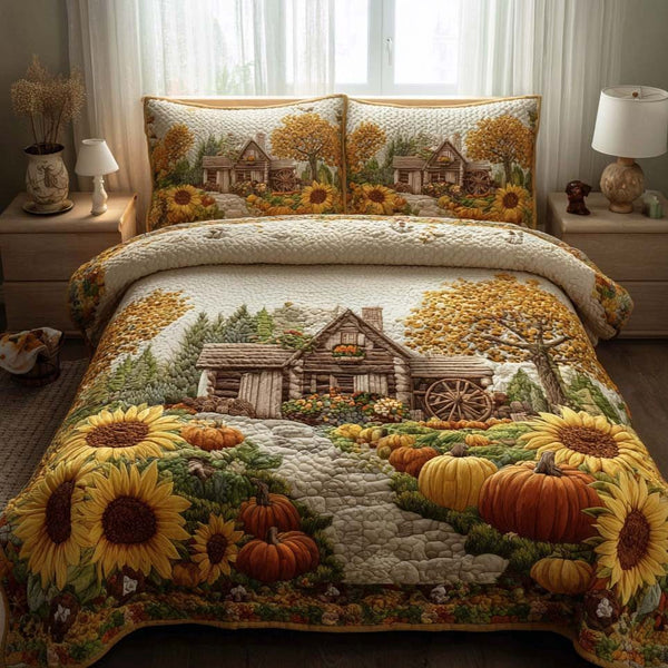 Harvest Dreams quilted 3-piece bedding set on a made bed with two matching pillow shams