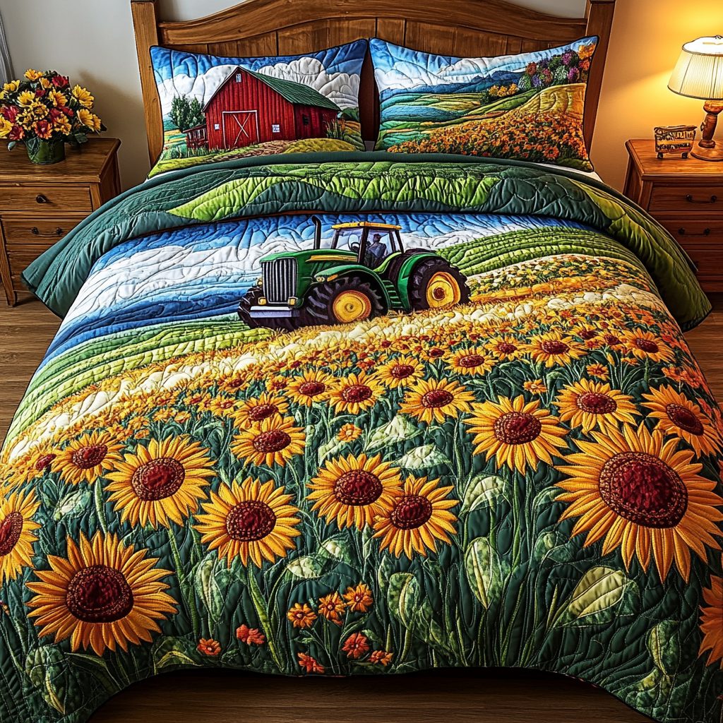 Harvest Dreams quilted 3-piece bedding set on a made bed with two matching pillow shams