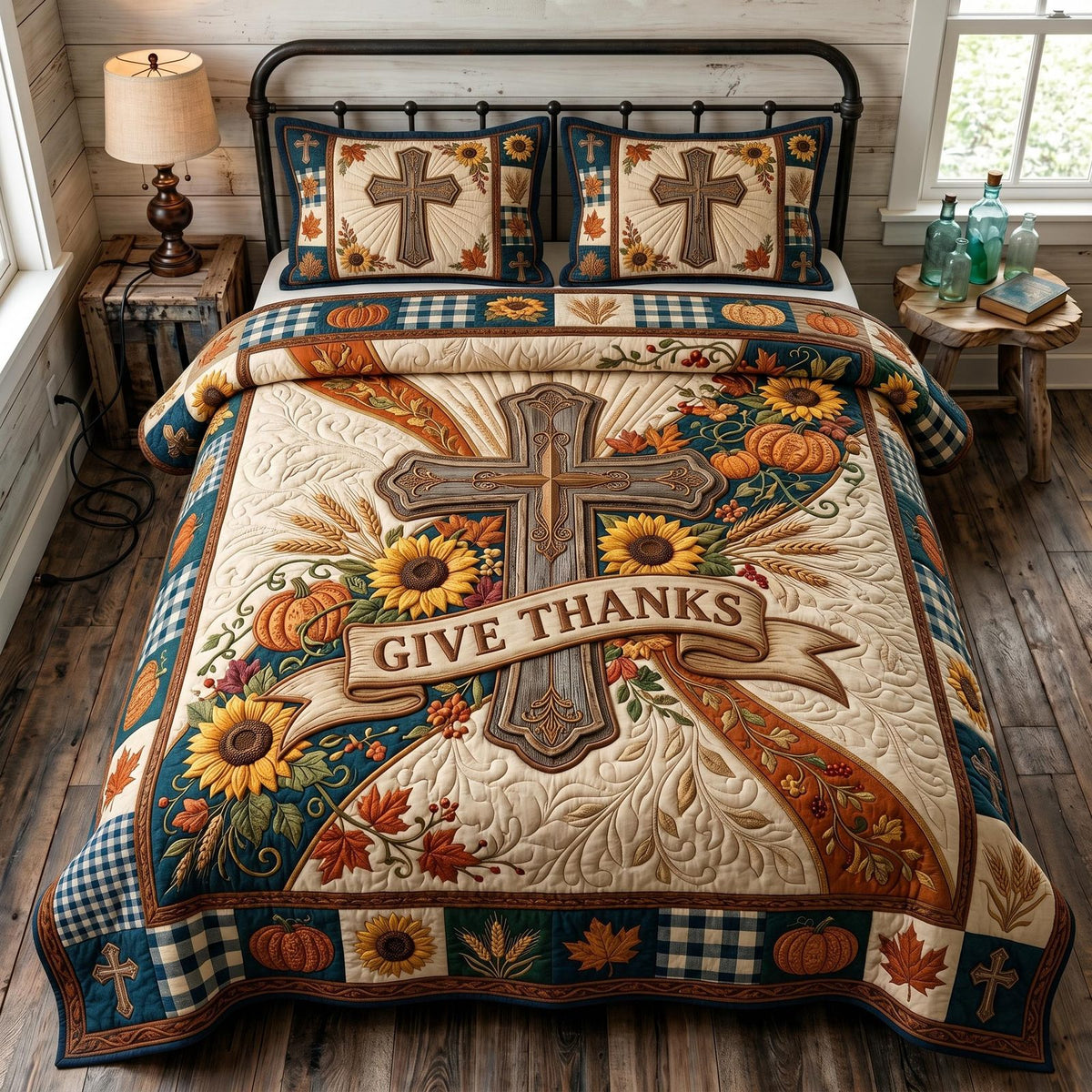 Harvest Faith quilted 3-piece bedding set on a made bed in a softly lit bedroom