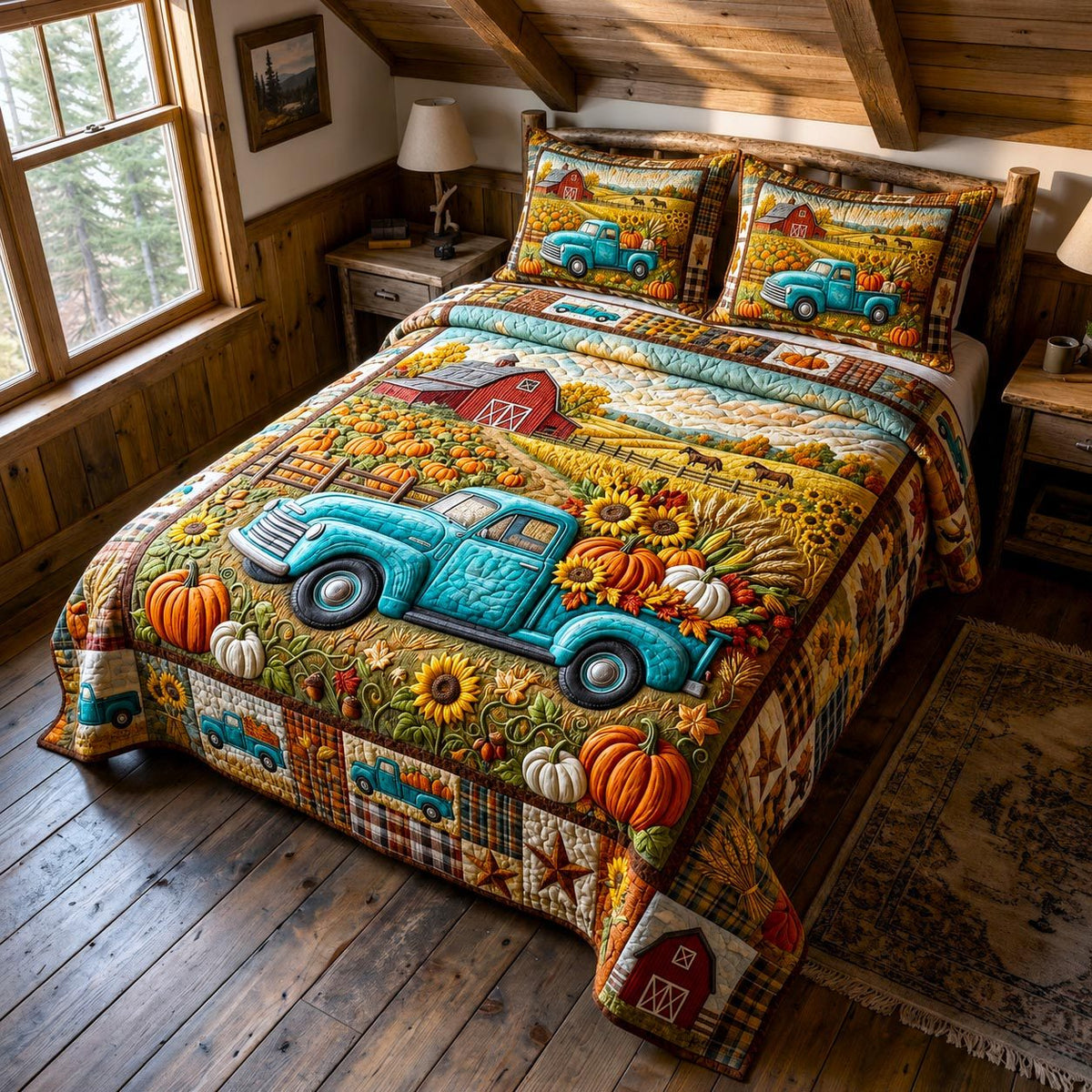 Harvest Farm quilted 3-piece bedding set on a made bed with two matching pillow shams