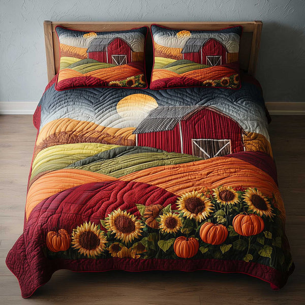 Harvest Farmhouse quilted 3-piece bedding set on a made bed in a farmhouse bedroom