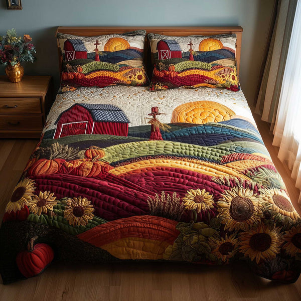 Harvest Farmhouse quilted 3-piece bedding set on a made bed in a farmhouse bedroom