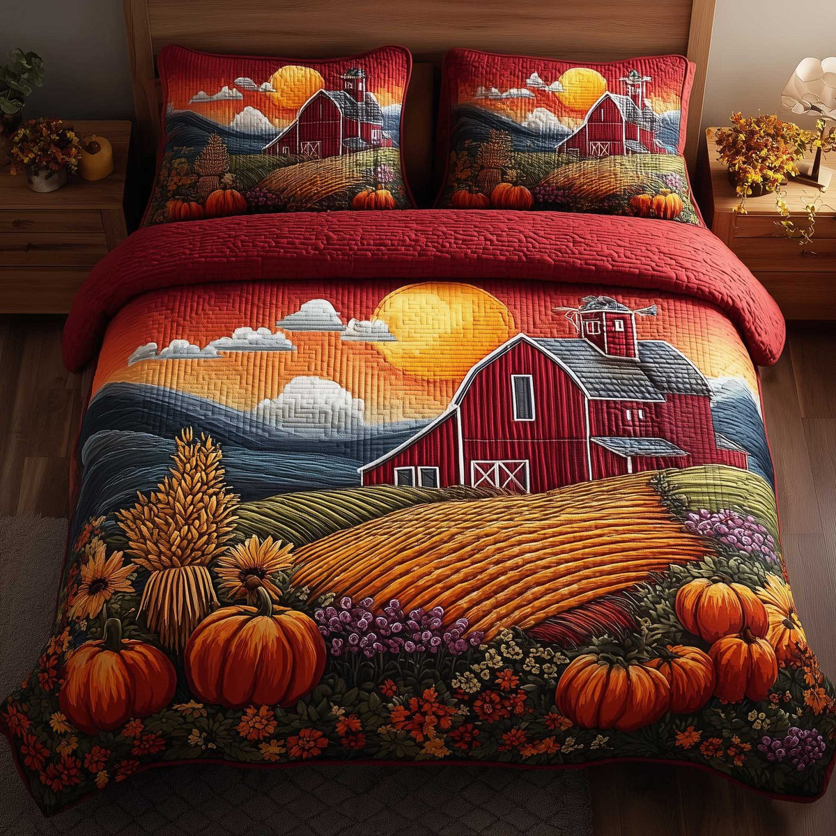 Harvest Farmhouse quilted 3-piece bedding set on a made bed in a farmhouse bedroom