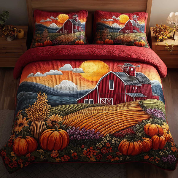 Harvest Farmhouse quilted 3-piece bedding set on a made bed in a farmhouse bedroom