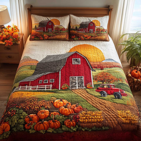 Harvest Farmhouse quilted 3-piece bedding set on a made bed in a farmhouse bedroom