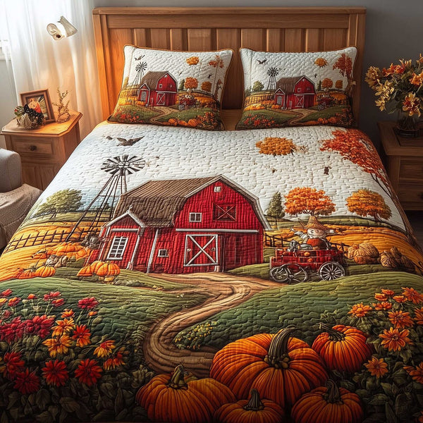 Harvest Farmhouse quilted 3-piece bedding set on a made bed in a farmhouse bedroom