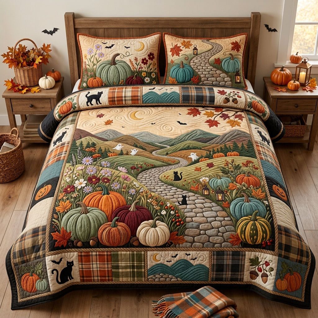 Harvest Field quilted 3-piece bedding set on a made bed with two matching pillow shams