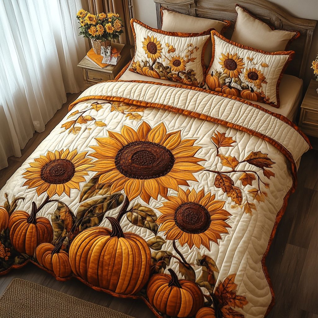 Harvest Field quilted 3-piece bedding set on a made bed with two matching pillow shams