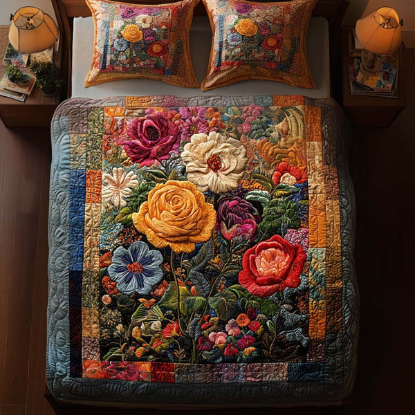 Harvest Flower Magic quilted 3-piece bedding set on a made bed with two matching pillow shams