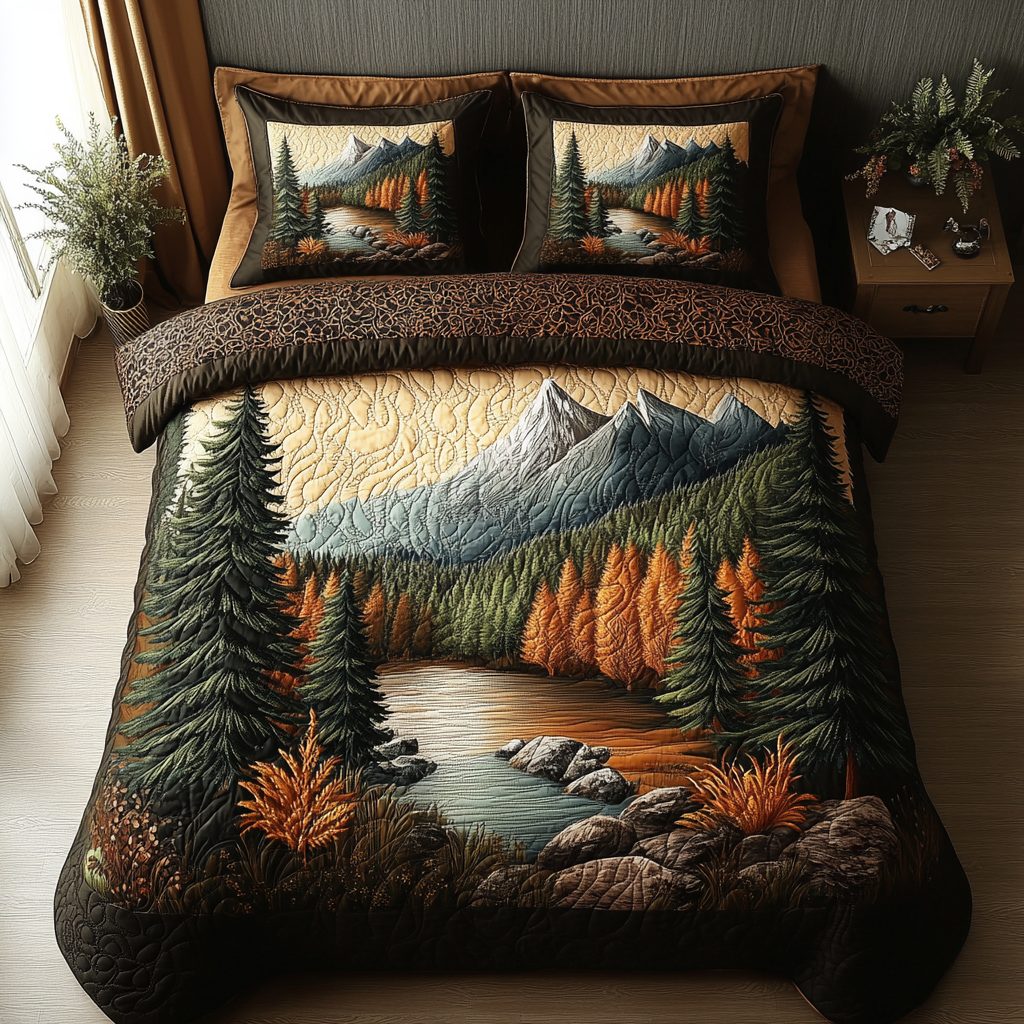Harvest Forest quilted 3-piece bedding set on a made bed with two matching pillow shams