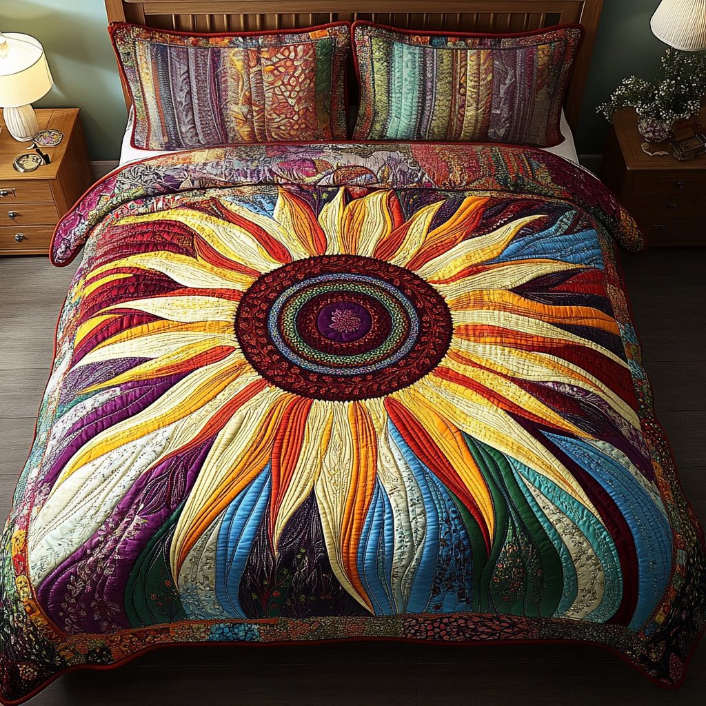 Harvest Glow quilted 3-piece bedding set on a made bed with two matching pillow shams