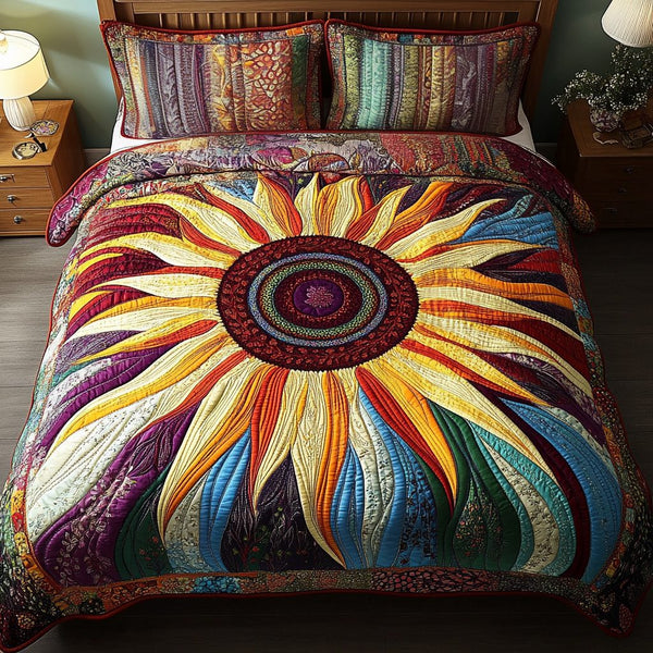 Harvest Glow quilted 3-piece bedding set on a made bed with two matching pillow shams