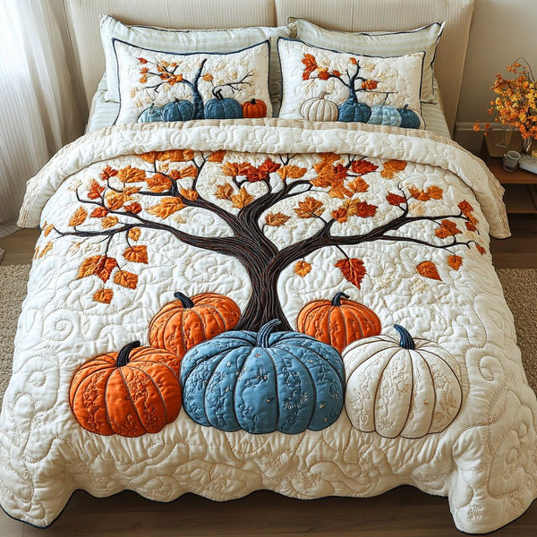 Harvest Glow quilted 3-piece bedding set on a made bed with two matching pillow shams