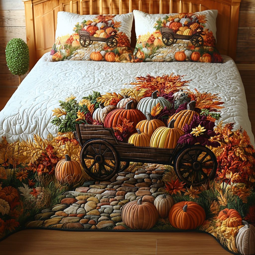 Harvest Glow quilted 3-piece bedding set on a made bed with two matching pillow shams
