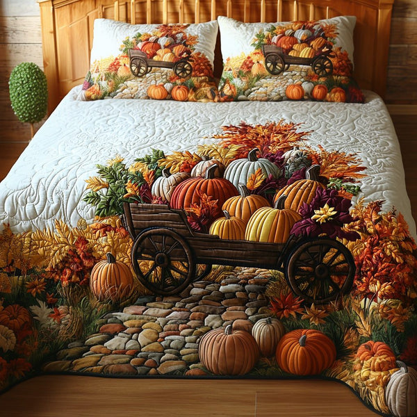 Harvest Glow quilted 3-piece bedding set on a made bed with two matching pillow shams